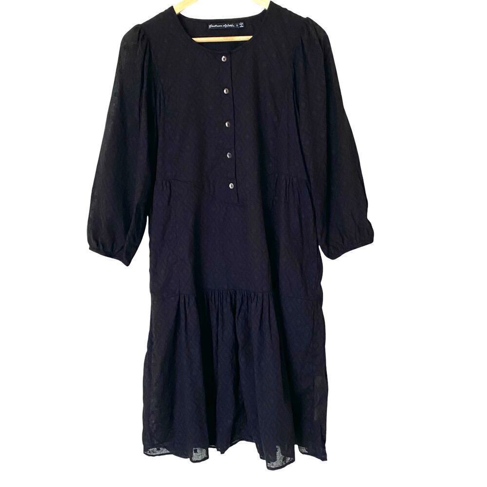 GUDRUN SJODEN Organic Cotton Woven Geometric Pockets Midi Dress in Black - Small
